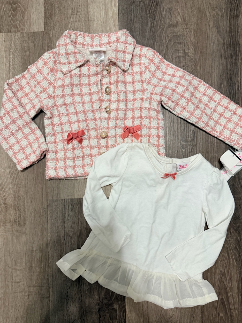 Little Lass Pink & White Tweed Jacket with White Long-Sleeve Top